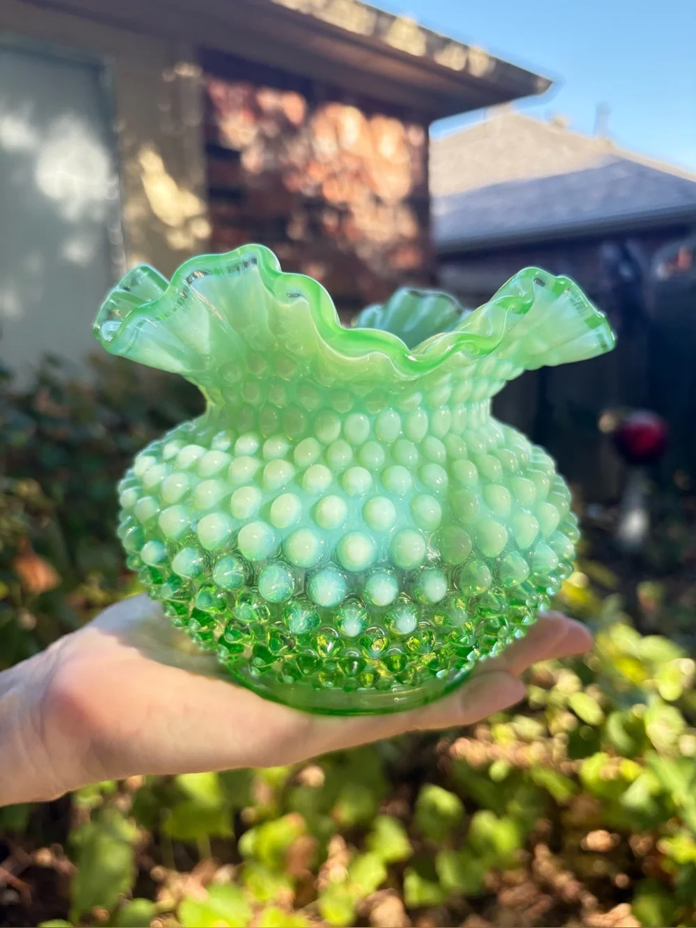 Fenton Rose Bowl Lime Green Opalescent Hobnail Glows!